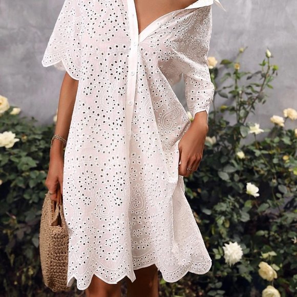 White Eyelet Embroidery Drop Shoulder Dress - Picture 4 of 5